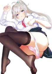 Rule 34 | 1girl, ass, black skirt, black thighhighs, breasts, cameltoe, chinese commentary, commentary request, feet, grey hair, hair ornament, hairpin, highres, legs, long bangs, long hair, looking at viewer, lying, medium breasts, neckerchief, no shoes, on side, original, panties, panty pull, pink panties, ponytail, purple eyes, red neckerchief, school uniform, serafuku, shirt, simple background, skirt, soles, solo, thighhighs, underwear, white background, white shirt, youlancangkong