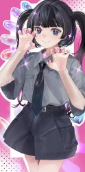 Rule 34 | 1girl, absurdres, belt, black belt, black hair, black necktie, black shorts, blue eyes, claw pose, collared shirt, commentary request, cowboy shot, grey shirt, hands up, high-waist shorts, highres, long hair, looking at viewer, nail polish, necktie, nik ibi, original, purple nails, shirt, short sleeves, shorts, smile, solo, sparkle, standing, twintails