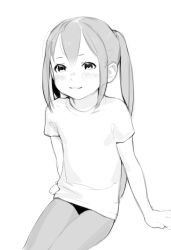 Rule 34 | 1girl, bad id, bad pixiv id, blush, closed mouth, greyscale, highres, k-on!, long hair, looking at viewer, luimiart, monochrome, nakano azusa, no pants, panties, pantyhose, shirt, short sleeves, simple background, sitting, smile, solo, twintails, underwear, white background