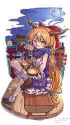 Rule 34 | 1girl, absurdres, blue scarf, bow, brown eyes, brown hair, figure four sitting, full moon, gourd, hair bow, highres, horns, ibuki suika, incoming food, long hair, looking at viewer, moon, nero augustus, one eye closed, oni, pouring, purple skirt, red bow, scarf, shirt, skirt, sleeveless, sleeveless shirt, socks, solo, touhou, very long hair, white shirt, wooden bench