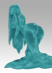 Rule 34 | 1girl, aqua theme, ass, breasts, commentary, english commentary, gradient background, grey background, highres, large breasts, long hair, looking at viewer, looking back, monster girl, original, puffy nipples, remomon0, shoutao, slime girl, solo, thighs