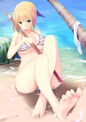Rule 34 | 1girl, ahoge, alternate costume, artoria pendragon (all), artoria pendragon (fate), bad feet, barefoot, beach, bikini, blonde hair, breasts, day, fate/stay night, fate (series), feet, food, foot focus, fruit, green eyes, h.l., large breasts, outdoors, partially submerged, saber (fate), sitting, solo, stick, striped bikini, striped clothes, swimsuit, toes, towel, underboob, water, watermelon
