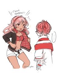 Rule 34 | 1boy, 1girl, color connection, cowboy shot, cropped jacket, dark skin, english text, fukase, highres, midriff, n03+, no3+, pink hair, red eyes, red hair, ruby (vocaloid), short hair, shorts, simple background, smile, twitter username, vocaloid, white background, white shorts