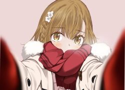 Rule 34 | 1girl, braid, brown hair, coat, commentary request, covered mouth, duffel coat, fur-trimmed coat, fur trim, hair ornament, hairpin, light blush, looking at viewer, meme, misaka mikoto, mittens, open clothes, open coat, pinkgekota0502, pov, pov cheek warming (meme), reaching, reaching towards viewer, red mittens, red scarf, scarf, short hair, simple background, solo, toaru kagaku no railgun, toaru majutsu no index, upper body, white coat, winter clothes