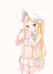 Rule 34 | 1girl, abigail williams (fate), abigail williams (swimsuit foreigner) (fate), absurdres, bare arms, bare shoulders, bikini, blonde hair, blue eyes, bonnet, bow, closed mouth, commentary request, cropped legs, fate/grand order, fate (series), forehead, hair bow, hands up, highres, long hair, navel, parted bangs, pink background, simple background, smile, solo, striped, striped bow, swimsuit, twintails, very long hair, white bikini, white bow, white headwear, yukaa