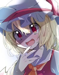 Rule 34 | 1girl, :d, ascot, blush, bow, collared shirt, commentary, crystal, flandre scarlet, furrowed brow, hair between eyes, hand on own face, hat, hat ribbon, highres, laughing, looking at viewer, medium hair, mob cap, nagai riku, one-hour drawing challenge, open mouth, orange ascot, red bow, red eyes, red ribbon, red vest, ribbon, shirt, simple background, smile, solo, touhou, vest, wavy hair, white background, white hat, white shirt, wings