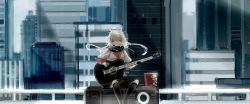 Rule 34 | 1girl, black socks, black skirt, boombox, city, covered mouth, grey hair, guitar, highres, instrument, kfc, kneehighs, looking at viewer, luo tianyi, music, playing instrument, railing, red eyes, scarf, short sleeves, sitting, skirt, socks, solo, vocaloid, wind, yi yu