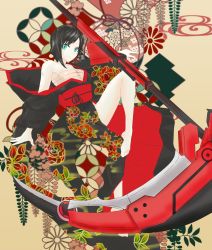 Rule 34 | 1girl, absurdres, alternate costume, alternate eye color, aqua eyes, artist request, bare legs, bare shoulders, barefoot, black hair, black kimono, breasts, cleavage, feet, female focus, highres, japanese clothes, kimono, knee up, legs, looking at viewer, medium breasts, off shoulder, ruby rose, rwby, sarashi, sash, scythe, short hair, smile, solo, weapon