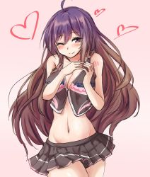 Rule 34 | 1girl, ;), ahoge, amagi (amagi626), bare arms, bare shoulders, blush, breasts, brown eyes, brown hair, cleavage, commentary request, cowboy shot, crop top, gradient hair, grey skirt, grey vest, groin, hair between eyes, hands up, heart, highres, hijiri byakuren, large breasts, long hair, looking at viewer, midriff, miniskirt, mole, mole under eye, multicolored hair, navel, one-hour drawing challenge, one eye closed, pink background, pleated skirt, purple hair, sidelocks, simple background, skirt, smile, solo, standing, stomach, thighs, touhou, very long hair, vest