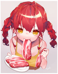 Rule 34 | artist name, bad id, bad pixiv id, blouse, blush, braid, braided tail, eating, fang, food, highres, koyubita, meat, orange eyes, original, plate, raw meat, red hair, shirt, short twintails, signature, simple background, singlet, skin fang, smug, tagme, twin braids, twintails, v-shaped eyebrows, yellow shirt