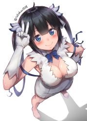 Rule 34 | 1girl, absurdres, ahoge, barefoot, black hair, blue bow, blue eyes, blunt bangs, blush, bow, breasts, cleavage, cleavage cutout, clothing cutout, commentary request, covered navel, dress, dungeon ni deai wo motomeru no wa machigatteiru darou ka, foreshortening, from above, gloves, hair ribbon, hestia (danmachi), highres, huge filesize, looking at viewer, looking up, medium breasts, rei no himo, ribbon, shadow, short dress, sideboob, sidelocks, simple background, skin tight, smile, solo, takahan, twintails, v, white background, white gloves