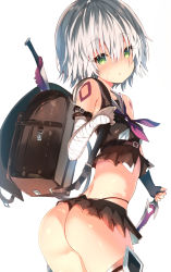 Rule 34 | 1girl, :o, ass, backpack, bag, bandaged arm, bandages, bare shoulders, black gloves, black panties, black shirt, blush, breasts, commentary request, dagger, facial scar, fate/grand order, fate (series), fingerless gloves, gloves, green eyes, hair between eyes, head tilt, highleg, highleg panties, holding, holding dagger, holding knife, holding weapon, jack the ripper (fate/apocrypha), knife, looking at viewer, looking to the side, microskirt, miniskirt, neckerchief, panties, parted lips, purple neckerchief, randoseru, sailor collar, scar, scar across eye, scar on cheek, scar on face, shirt, shoulder tattoo, silver hair, simple background, single glove, skirt, sleeveless, sleeveless shirt, small breasts, solo, sune (mugendai), tattoo, underwear, weapon, white background, white sailor collar
