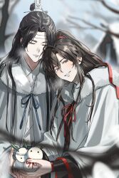 Rule 34 | 2boys, blurry, blush, brown eyes, brown hair, chinese clothes, cloak, closed eyes, commentary, daenarys, depth of field, fur-trimmed cloak, fur trim, hair ribbon, hanfu, headband, high ponytail, highres, lan wangji, long hair, long sleeves, looking at viewer, modao zushi, multiple boys, red ribbon, ribbon, smile, snow rabbit, symbol-only commentary, tree, wei wuxian, white headband, wide sleeves, xiao guan (headdress), yaoi