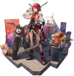 Rule 34 | 1girl, :d, arknights, asymmetrical gloves, bare legs, black shirt, brown eyes, burger, burrito, cup, detached wings, disposable cup, drinking straw, exusiai (arknights), exusiai (city rider) (arknights), food, full body, gloves, grey footwear, gun, hair between eyes, halo, headphones, helmet, highres, holding, holding gun, holding helmet, holding weapon, huanxiang heitu, jacket, kfc, looking at viewer, mismatched gloves, motor vehicle, motorcycle, motorcycle helmet, official alternate costume, official art, open clothes, open jacket, open mouth, red hair, red neckwear, red socks, rifle, shadow, shirt, shoes, short hair, short shorts, short sleeves, shorts, smile, sneakers, socks, solo, standing, taco, transparent background, weapon, white gloves, white jacket, white shorts, wings, yellow gloves
