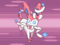 Rule 34 | animal focus, blue sclera, bow, bowtie, closed mouth, colored sclera, creatures (company), espeon, full body, game freak, gen 2 pokemon, hair bow, happy, looking to the side, looking up, nintendo, no humans, pink background, pink bow, pink bowtie, pixel art, pokemon, pokemon (creature), ribbon, smile, solo, standing, white eyes, white ribbon, wisgarus