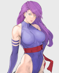 Rule 34 | 10s, 1girl, animification, bad id, bad pixiv id, bare shoulders, blue eyes, breasts, elbow gloves, gloves, highleg, highleg leotard, large breasts, leotard, long hair, marvel, psylocke, purple hair, simple background, solo, take no ko (dodon), x-men