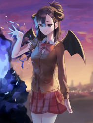 Rule 34 | 1girl, absurdres, blurry, blurry background, bow, bowtie, brown cardigan, cardigan, closed mouth, collared shirt, commentary, cowboy shot, demon wings, english commentary, explosion, gabriel dropout, highres, horns, long sleeves, mac star, magic, medium hair, outdoors, plaid, plaid skirt, ponytail, purple eyes, purple hair, red bow, red bowtie, red skirt, shirt, skirt, smile, solo, sunset, torn sleeve, vignette tsukinose april, wings