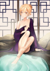 Rule 34 | 1girl, absurdres, bath, bath yukata, bathroom, blonde hair, breasts, collarbone, girls&#039; frontline, highres, japanese clothes, kimono, long hair, looking at viewer, open clothes, orange hair, ots-14 (girls&#039; frontline), simple background, solo, swallow zzy, yukata