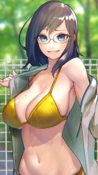 Rule 34 | 1girl, bare shoulders, bikini, blue eyes, breasts, brown hair, chromatic aberration, cleavage, commentary, glasses, grin, highres, hiragana oufu, large breasts, looking at viewer, mole, mole on breast, navel, original, smile, smirk, swimsuit, taking off, tree, yellow bikini