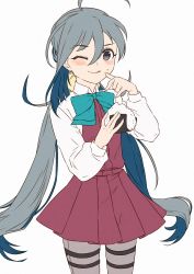Rule 34 | 1girl, :q, absurdres, ahoge, blue hair, blush, commentary, dress, food, food on face, grey eyes, grey hair, grey pantyhose, hair between eyes, hair ribbon, highres, holding, holding food, kanmiya shinobu, kantai collection, kiyoshimo (kancolle), long hair, long sleeves, looking at viewer, low twintails, multicolored hair, one eye closed, onigiri, pantyhose, purple dress, ribbon, shirt, simple background, solo, tongue, tongue out, twintails, very long hair, white background, white shirt, yellow ribbon