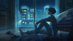 Rule 34 | 1boy, absurdres, barefoot, bed, bedroom, beer can, blue theme, can, city, closed eyes, drink can, highres, holding, holding can, male focus, night, night sky, no shoes, on floor, original, pasoputi, scenery, short hair, sitting, sky, solo, star (sky), train