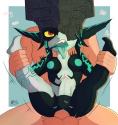 Rule 34 | 1girl, absurdres, artist name, blush, breasts, bunbunmuffinart, colored sclera, colored skin, helmet, hetero, highres, midna, monster girl, multicolored skin, neon trim, nintendo, nipples, nude, one eye covered, pointy ears, pussy, red eyes, sex, stomach, stomach bulge, the legend of zelda, the legend of zelda: twilight princess, thighs, third-party edit, two-tone skin, vaginal, yellow sclera