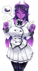 Rule 34 | :&gt;, ^^^, ^ ^, black bow, black bowtie, black pantyhose, blush, bow, bowtie, breasts, censored, closed eyes, closed mouth, collared shirt, colored skin, cowboy shot, eggplant, evil smile, gradient hair, hair ornament, hairclip, hands up, horns, jacket, large breasts, long sleeves, mosaic censoring, multicolored hair, nail polish, oni, oni horns, original, pantyhose, pleated skirt, pointy ears, purple hair, purple skin, shirt, simple background, skirt, skj, smile, solo, standing, thought bubble, white background, white jacket, white nails, white shirt, white skirt, wing collar