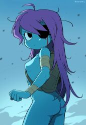 Rule 34 | adult swim, angry, ass, backpack, bag, bandages, blood, blue skin, closed mouth, cloud, cloudy sky, colored skin, eyepatch, highres, learning with pibby, looking at another, looking back, nude, oyatsu (mk2), pibby, pink hair, sky, tagme