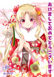 Rule 34 | 1girl, arrow (projectile), bell, blonde hair, blush, chinese zodiac, closed mouth, commentary request, ema, ereshkigal (fate), fate/grand order, fate (series), floral print, flower, fur collar, hair flower, hair ornament, hamaya, hands up, heart, holding, holding arrow, japanese clothes, jingle bell, kimono, long sleeves, looking at viewer, nengajou, new year, obi, parted bangs, print kimono, red eyes, red flower, red kimono, sash, signature, smile, solo, translation request, twitter username, two side up, upper body, uran (uran-factory), wide sleeves, year of the ox