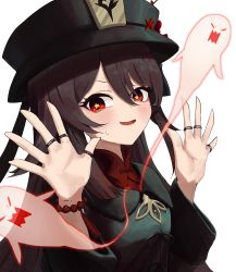 Rule 34 | 1girl, absurdres, black hair, black hat, black shirt, boo tao (genshin impact), bracelet, breasts, chinese clothes, collared shirt, genshin impact, ghost, hands up, hat, highres, hu tao (genshin impact), jewelry, long hair, long sleeves, looking at viewer, multiple rings, open mouth, pellas (panix2383), qingdai guanmao, red eyes, red shirt, ring, shirt, simple background, small breasts, smile, solo, star-shaped pupils, star (symbol), sweatdrop, symbol-shaped pupils, twintails, undershirt, upper body, v-shaped eyebrows, white background