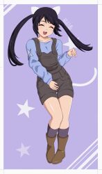 1girl art_naito black_hair boots closed_eyes collarbone female_focus full_body k-on! long_hair long_sleeves nakano_azusa open_mouth overalls socks solo star_(symbol) twintails