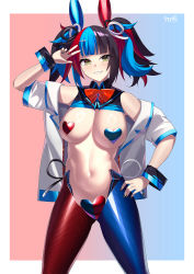 Rule 34 | 1girl, absurdres, animal ears, black hair, blue hair, blush, bow, bowtie, breasts, covered erect nipples, fake animal ears, fate/grand order, fate (series), grin, heart maebari, heart pasties, highres, jacket, kurozawa yui, large breasts, long hair, looking at viewer, maebari, meme attire, multicolored hair, nail polish, navel, off shoulder, open clothes, open jacket, pasties, rabbit ears, red hair, revealing clothes, reverse bunnysuit, reverse outfit, sei shounagon (fate), short sleeves, smile, solo, thighs, twintails, wrist cuffs, yellow eyes