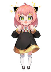 Rule 34 | 1girl, absurdres, anya (spy x family), black footwear, child, dress, full body, green eyes, hands up, highres, long sleeves, looking at viewer, medium hair, open mouth, pink hair, shancha, simple background, solo, spy x family, standing, star (symbol), teeth, thighhighs, upper teeth only, white background, white thighhighs