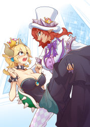 Rule 34 | 2girls, armlet, blonde hair, blue eyes, blush, borrowed design, bow, bowsette, bowtie, breasts, carrying, cleavage, dark-skinned female, dark skin, dress, dual persona, earrings, fangs, half-closed eyes, hat, highres, horns, jewelry, large breasts, long sleeves, mario (series), multiple girls, new super mario bros. u deluxe, nintendo, open mouth, pointy ears, ponytail, princess carry, red hair, selfcest, sharp teeth, silversirius, sleeveless, sleeveless dress, spiked armlet, spiked shell, strapless, strapless dress, super crown, super mario odyssey, tail, teeth, thick eyebrows, top hat, tuxedo, wavy mouth, yuri