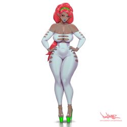 Rule 34 | 1girl, anklet, bare shoulders, blue lips, blush, bodysuit, breasts, cameltoe, choker, cleavage, cleavage cutout, clothing cutout, curvy, dark-skinned female, dark skin, earrings, feet, gerudo, green eyes, hairband, hand on own hip, hands on own hips, high heels, hyrule warriors, jewelry, large breasts, latex, legs together, lipstick, looking to the side, makeup, nail polish, narrow waist, nintendo, parted bangs, pinkdrawz, platform, platform footwear, platform heels, platform mules, pointy ears, red hair, shiny clothes, shiny skin, skin tight, skindentation, solo, standing, strapless, the legend of zelda, the legend of zelda: breath of the wild, thick thighs, thighs, transparent, urbosa, wide hips