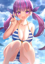 Rule 34 | 1girl, :d, absurdres, bare arms, bare legs, bare shoulders, bikini, blue bikini, blue hair, blunt bangs, blush, braid, breasts, cleavage, cloud, cloudy sky, collarbone, day, feet out of frame, highres, hololive, huge filesize, large breasts, long hair, looking at viewer, minato aqua, minato aqua (hololive summer 2019), multicolored hair, open mouth, outdoors, purple eyes, purple hair, rei (ilust9999), sky, smile, solo, squatting, striped bikini, striped clothes, swimsuit, twintails, two-tone hair, v, very long hair, virtual youtuber