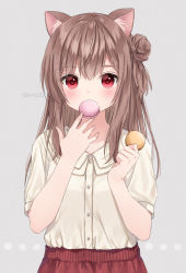 Rule 34 | 1girl, animal ear fluff, animal ears, anz32, blush, brown hair, cat ears, collared shirt, commentary request, covered mouth, dress shirt, food, grey background, hair between eyes, hair bun, hands up, holding, holding food, long hair, looking at viewer, macaron, nina (anz32), one side up, original, red eyes, red skirt, shirt, short sleeves, side bun, simple background, single hair bun, single side bun, skirt, solo, twitter username, white shirt