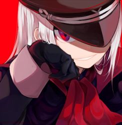 Rule 34 | 1girl, akatsuki blitzkampf, evil smile, gloves, hat, head rest, looking at viewer, lowres, military, military hat, military uniform, peaked cap, perfecti, red background, red eyes, silver hair, simple background, smile, solo, uniform, wataru (eguru200)