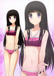 Rule 34 | 10s, 1girl, bare shoulders, bikini, black hair, blunt bangs, breasts, chitanda eru, collarbone, gradient background, highres, hyouka, kenken, legs, long hair, looking at viewer, navel, outstretched arm, polka dot, polka dot bikini, polka dot swimsuit, purple eyes, small breasts, smile, solo, standing, strapless, swimsuit, tube top, very long hair, zoom layer