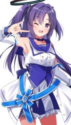Rule 34 | 1girl, blue archive, blue dress, collarbone, detached sleeves, dress, frilled skirt, frills, halo, highres, idol, idol clothes, looking at viewer, one eye closed, open mouth, parted bangs, purple eyes, purple hair, sidelocks, simple background, skirt, solo, syurimp, two side up, white background, white dress, yuuka (blue archive), mischievous straight uniform (blue archive)