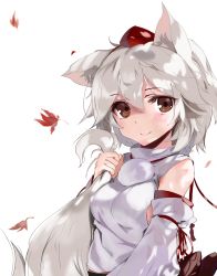 Rule 34 | 1girl, absurdres, animal ear fluff, animal ears, autumn leaves, blush, breasts, brown eyes, commentary request, derivative work, detached sleeves, hair between eyes, hand up, hat, highres, holding own tail, inubashiri momiji, ke-ta (style), korean commentary, long sleeves, looking at viewer, medium breasts, pom pom (clothes), shirt, short hair, silver hair, smile, solo, tail, tokin hat, touhou, ukua (otokonoko), upper body, white shirt, wolf ears, wolf tail