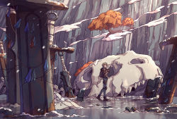Rule 34 | 1boy, animal skull, bag, belt, belt pouch, blonde hair, boots, broken, cliff, denim, ezreal, from side, gloves, holding, jacket, jeans, league of legends, male focus, outdoors, pants, planted, planted sword, planted weapon, pouch, rock, short hair, sleeves rolled up, snow, snowing, solo, standing, sword, thigh strap, tree, weapon, wenny02