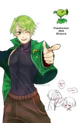 Rule 34 | 1boy, 1girl, ahoge, arm up, black shirt, black tank top, breast pocket, brown pants, character name, chibi, chibi inset, commentary request, cowboy shot, cropped jacket, flower, green hair, green jacket, hand in pocket, heart, high collar, highres, humanization, jacket, light blush, looking at viewer, male focus, one eye closed, open clothes, open jacket, open mouth, ornament, outstretched arm, pants, peashooter (pvz), personification, plants vs zombies, pocket, pointing, reka-san, shirt, short hair, simple background, smile, sun, sun ornament, sunflower, sunflower (plants vs zombies), sweatdrop, tagme, talking, talking to another, tank top, teeth, turtleneck, turtleneck shirt, white background, wink