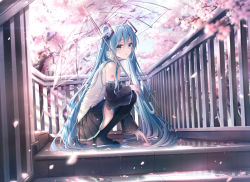 Rule 34 | 1girl, 39, aqua eyes, aqua hair, aqua necktie, bare shoulders, black skirt, black sleeves, black thighhighs, blurry, blurry foreground, cherry blossoms, commentary, dangmyo, day, depth of field, detached sleeves, falling petals, from side, grey shirt, hair ornament, hatsune miku, highres, holding, holding umbrella, long hair, looking at viewer, looking to the side, miniskirt, necktie, outdoors, petals, pleated skirt, reaching, revision, shirt, shoulder tattoo, skirt, sleeveless, sleeveless shirt, solo, spring (season), squatting, stairs, tattoo, thighhighs, transparent, transparent umbrella, twintails, umbrella, very long hair, vocaloid, zettai ryouiki