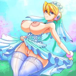 Rule 34 | 1girl, absurdres, alia (mega man), alternate costume, blonde hair, blue eyes, breasts, breasts out, bridal gauntlets, bridal veil, curvy, highres, huge breasts, large breasts, mega man (series), mega man x (series), mega man x dive, nipples, pussy, smile, solo, thick thighs, thighs, tumother, veil, wide hips
