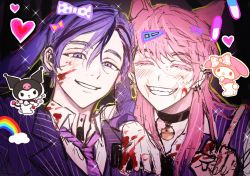Rule 34 | 2boys, ^ ^, animal ears, bell, black collar, black hair, blood, blood on face, blood on hands, closed eyes, collar, dog boy, dog ears, earrings, grin, haitani ran, hand on another&#039;s shoulder, hand up, heart, inmate081486, jacket, jewelry, kuromi, long hair, male focus, middle finger, multicolored hair, multiple boys, my melody, neck tattoo, necktie, onegai my melody, pink hair, purple eyes, purple hair, purple jacket, purple neckwear, purple vest, sanrio, sanzu haruchiyo, scar, scar on face, shirt, short hair, sketch, smile, tattoo, tokyo revengers, two-tone hair, upper body, vest, white shirt