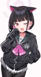 Rule 34 | 1girl, animal ears, black hair, black jacket, black pantyhose, blue archive, blush, commentary request, drawstring, grey background, halo, hand up, highres, hood, hood down, hooded jacket, jacket, kazusa (blue archive), long sleeves, looking at viewer, multicolored hair, nenosame, one eye closed, pantyhose, pink hair, pleated skirt, puffy long sleeves, puffy sleeves, red eyes, simple background, skirt, sleeves past wrists, solo, tears, two-tone hair, white skirt, yawning