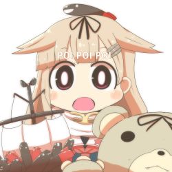Rule 34 | 10s, 1girl, blush stickers, fangs, hair flaps, hair ornament, hair ribbon, hairclip, highres, inishie, kantai collection, long hair, looking at viewer, open mouth, red eyes, ribbon, solo, stuffed animal, stuffed toy, teddy bear, torpedo, yuudachi (kancolle), yuudachi kai ni (kancolle)