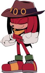 Rule 34 | 1boy, animal nose, bandana, body fur, bottomless, brown hat, brown vest, closed eyes, closed mouth, cowboy hat, crossed arms, digimin, full body, furry, furry male, gloves, happy, hat, knuckles the echidna, long hair, male focus, non-web source, official art, open clothes, open vest, red footwear, red fur, red hair, ring (sonic), shoes, sidelocks, sideways mouth, simple background, smile, solo, sonic (series), spiked gloves, standing, tail, the murder of sonic the hedgehog, transparent background, vest, yellow bandana, yellow gloves