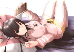 Rule 34 | 1girl, absurdres, black eyes, black hair, blunt bangs, book, breasts, bursting breasts, casual, cleavage, covered erect nipples, feet, highres, hinanawi mika, holding, holding book, large breasts, legs, legs up, long hair, looking at viewer, lying, midriff peek, navel, on back, parted lips, pillow, pink shirt, shirt, short shorts, shorts, simple background, taut clothes, taut shorts, thighhighs, white background, white thighhighs, yellow shirts, zettai ryouiki